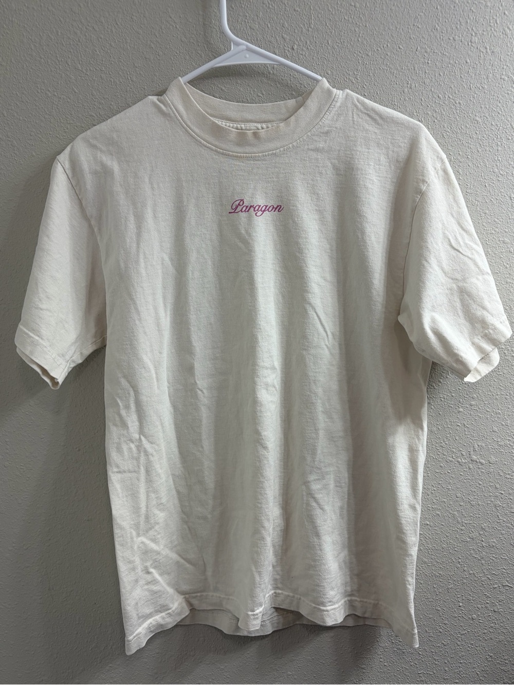 PARAGON Cream Short-Sleeve Tee with Pink Script Logo
